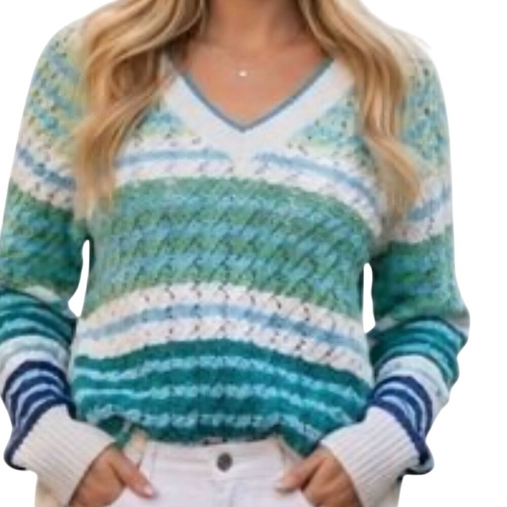 Talbots Open Stitch V-neck Sweater Striped Sustainable Cotton 2023 Size L